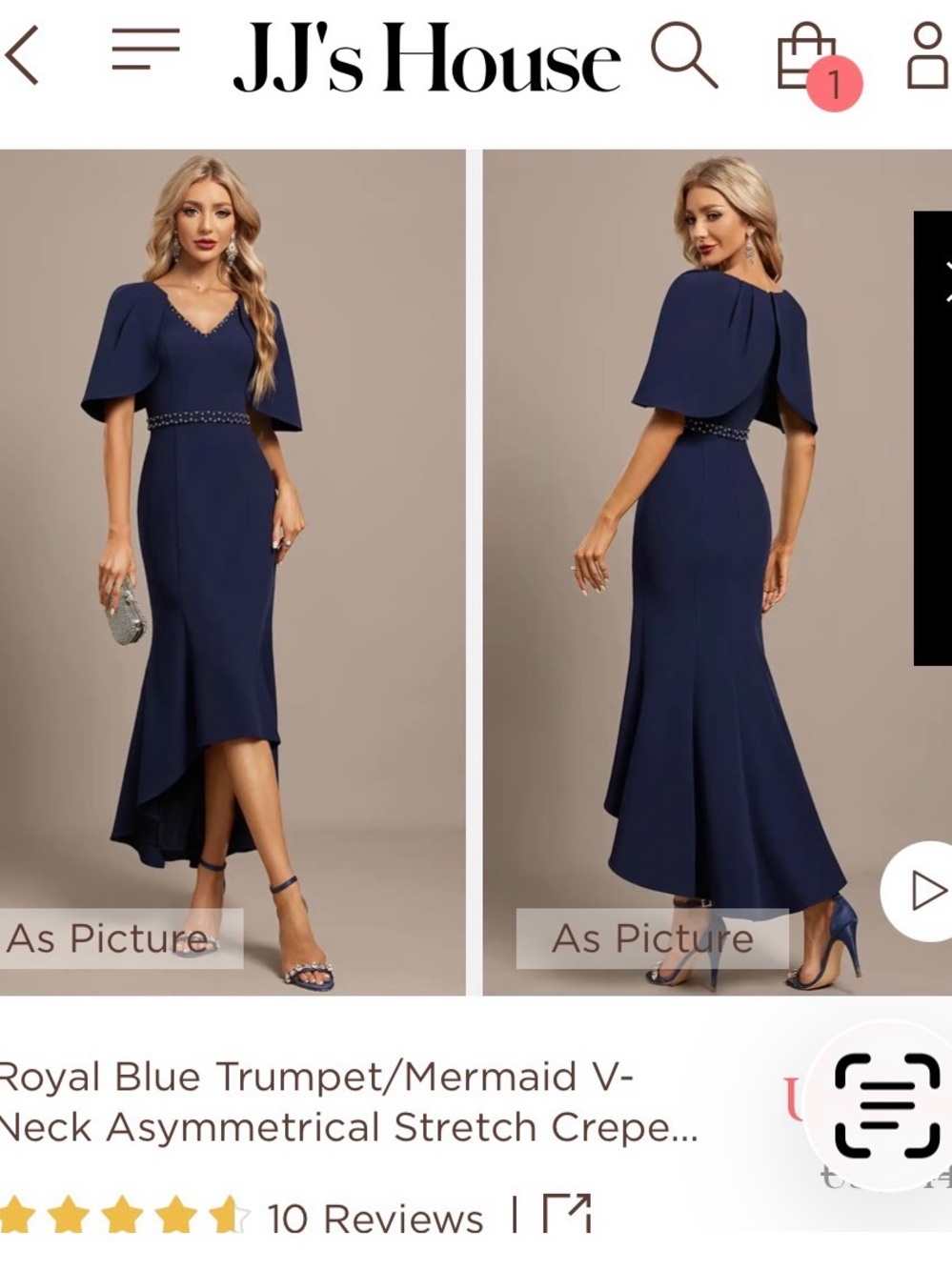 JJs House Navy Blue V-Neck Trumpet Dress with Cape Sleeves